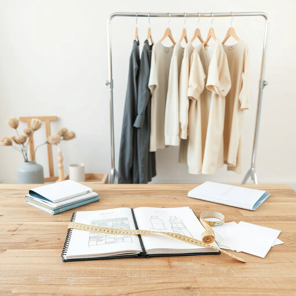 Fashion designer workspace with fabric swatches, sketchbook, and measuring tape near hanging garments